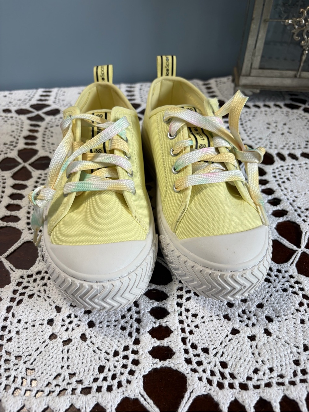Justice Yellow Canvas Court Sneakers w/Rainbow Laces & White Chunky Soles